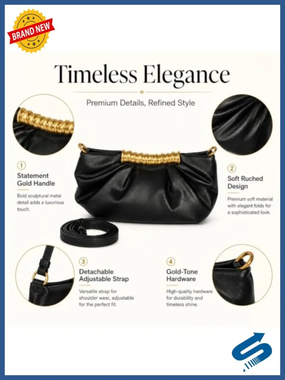 Cloud Evening Bag Women Shoulder Purse Gold Handle Pleated Clutch Handbag